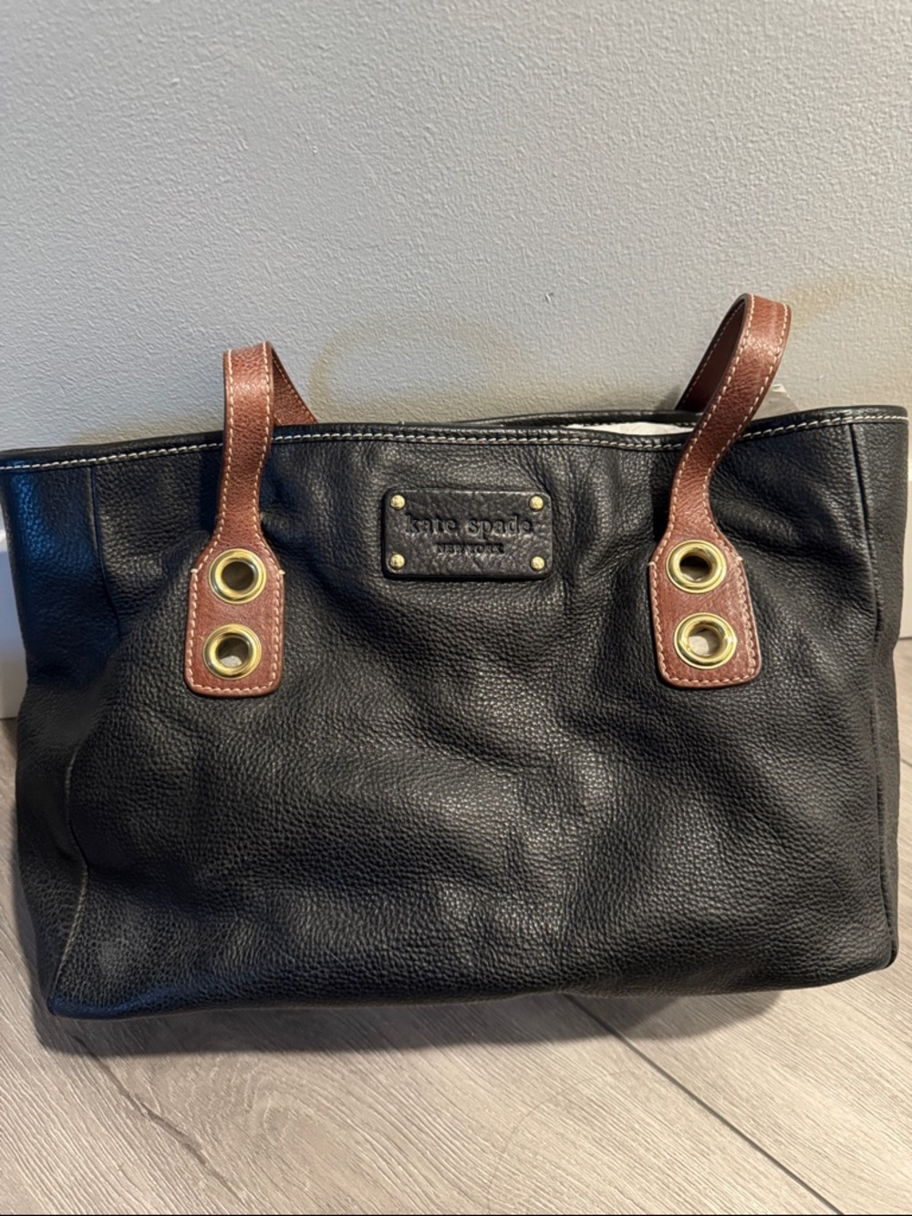 kate spade Black Leather Tote with Brown Handles and Gold Hardware